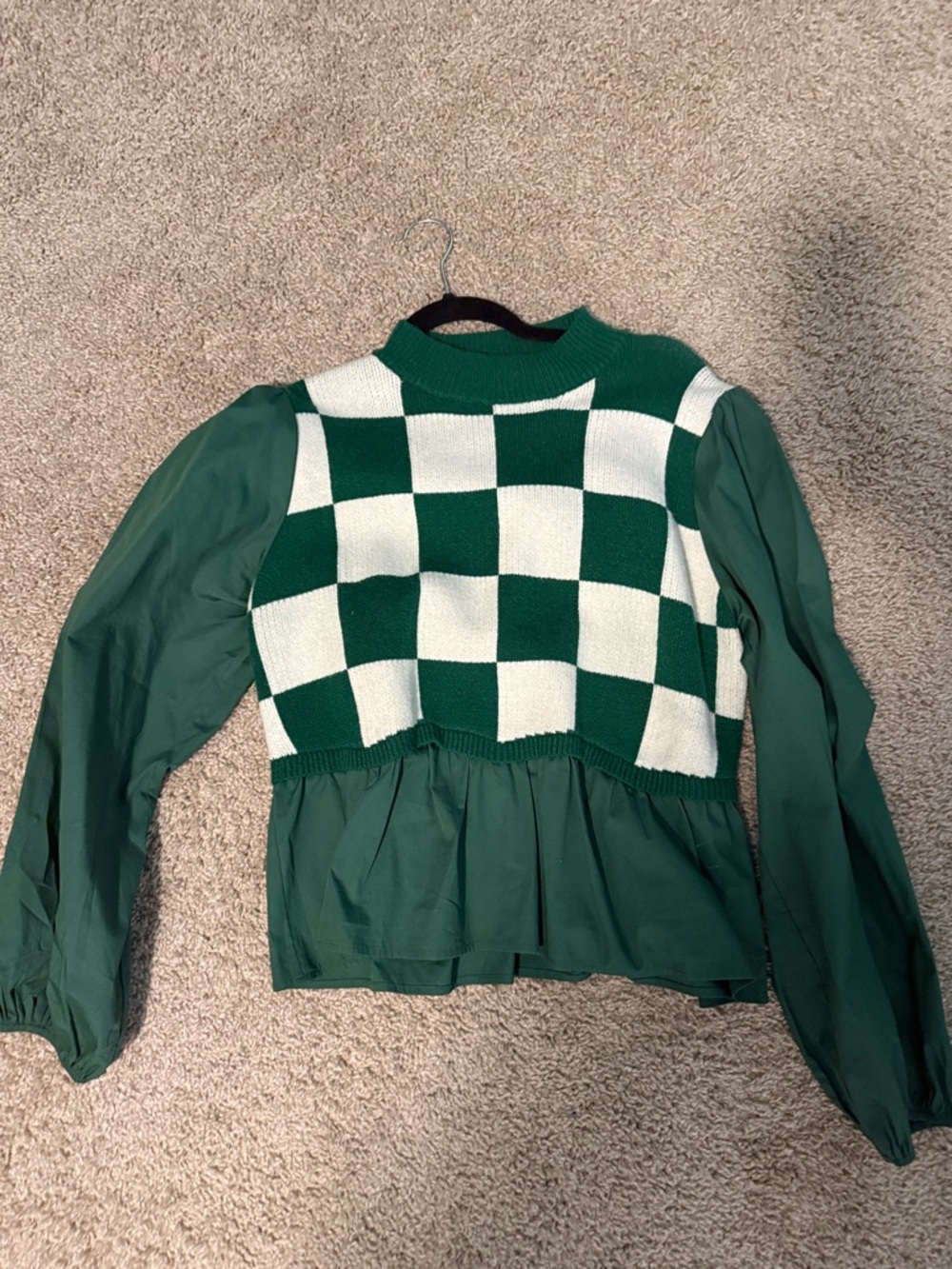 Green Checker Knit-Overlay Peplum Blouse - Women